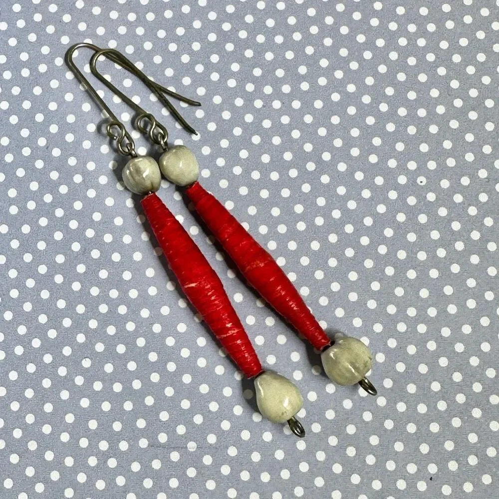 red and white paper and seed beaded earrings